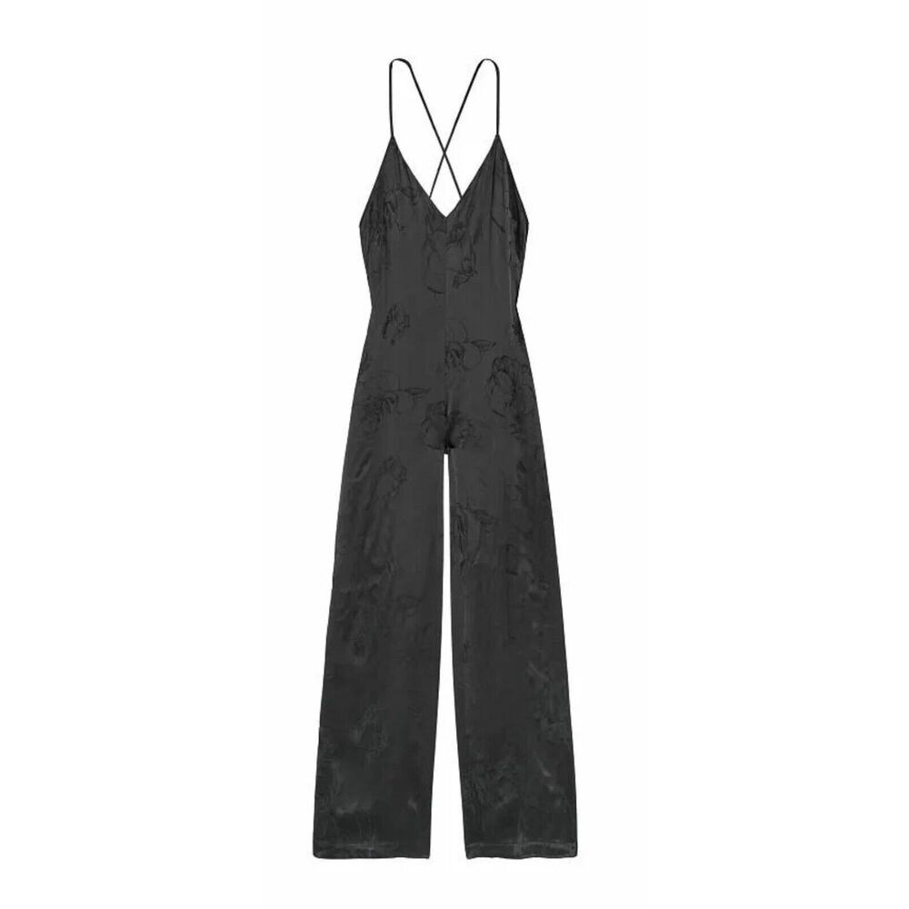 NWT VICTORIA'S SECRET Deep V Cross Back Floral Jacquard Jumpsuit Black S